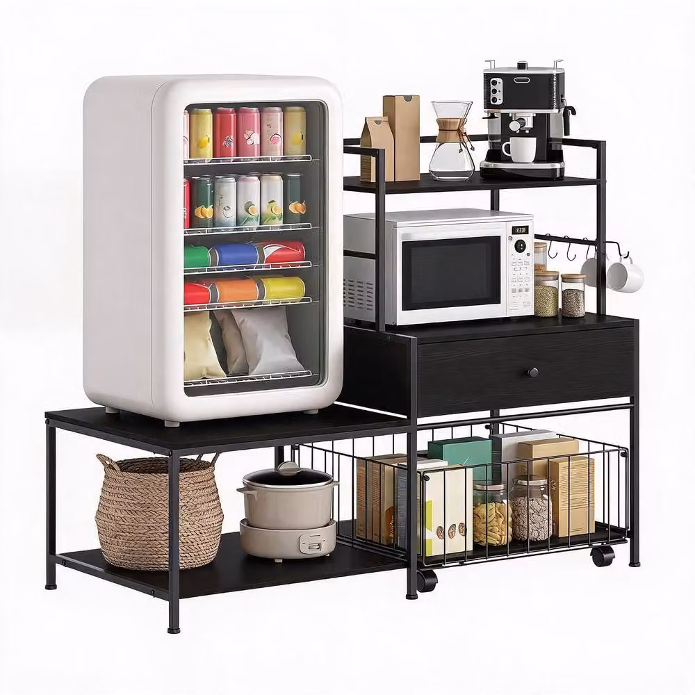 London Boutique Industrial Black Rolling Kitchen Island Microwave and Coffee Bar Cabinet with Castors – 2