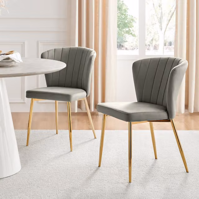 FurnitureboxUK Set of 2 Danica Upholstered Velvet Kitchen Dining Chairs with Gold Metal Legs - Grey
