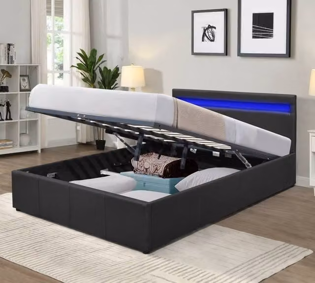 Comfy Living Ltd Modern Upholstered Faux Leather Gas Lift Ottoman Bed Frame with LED Lighting in Black, Size: King (180 x 200 cm) – 1