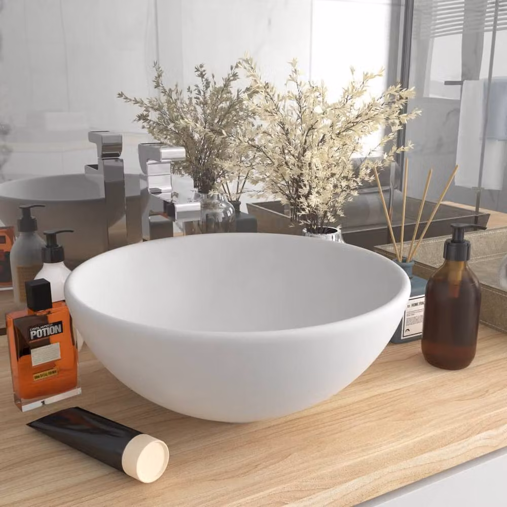 Berkfield Home Luxury Round Ceramic Bathroom Basin in Matt White, W/D/H: 32.5 x 32.5 x 14 cm – 2