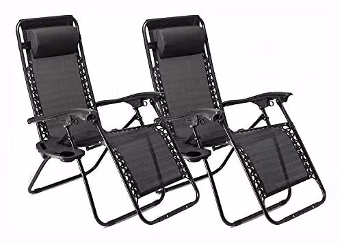 Gr8 Garden Set of 2 Black Textilene Zero Gravity Reclining Garden Chairs with Side Table and Cup Holder – 1