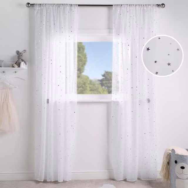 OHS White Metallic Star Voile Curtains with Rod Pocket