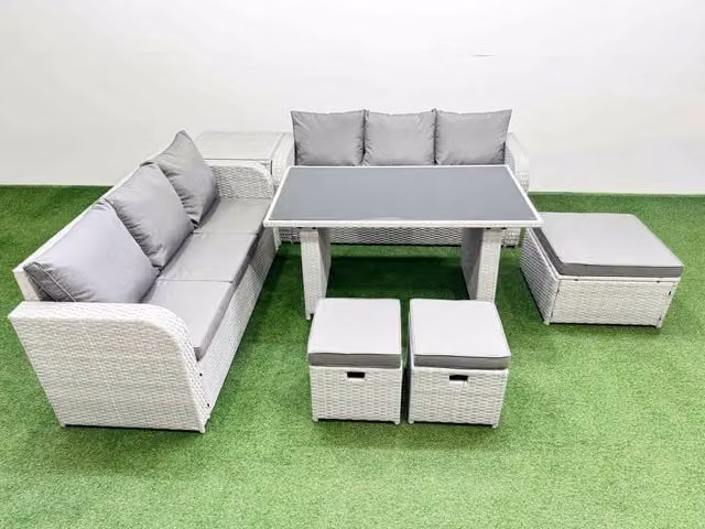 Fimous 9 Seater Rattan Outdoor Dining Set with Side Table and 3 Stools in Light Grey