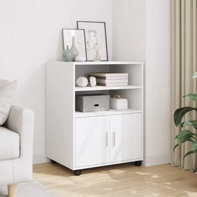 Berkfield Home White Rolling Cabinet in MDF, W/D/H: 60 x 48 x 81 cm