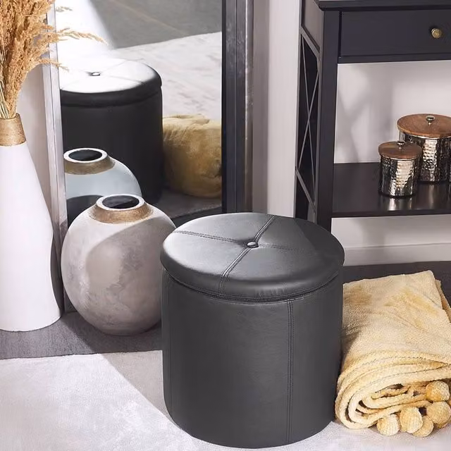 Wyld and Coco Glamour Black Faux Leather Cylindrical Storage Pouffe W: 40 cm, D: 38 cm, H: 40 cm