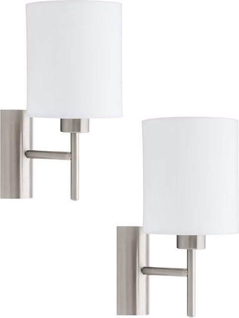 Loops 2 Pack Modern Wall Lights with White Fabric Shades and Satin Nickel Metal Finish, E27 60W with Rocker Switch