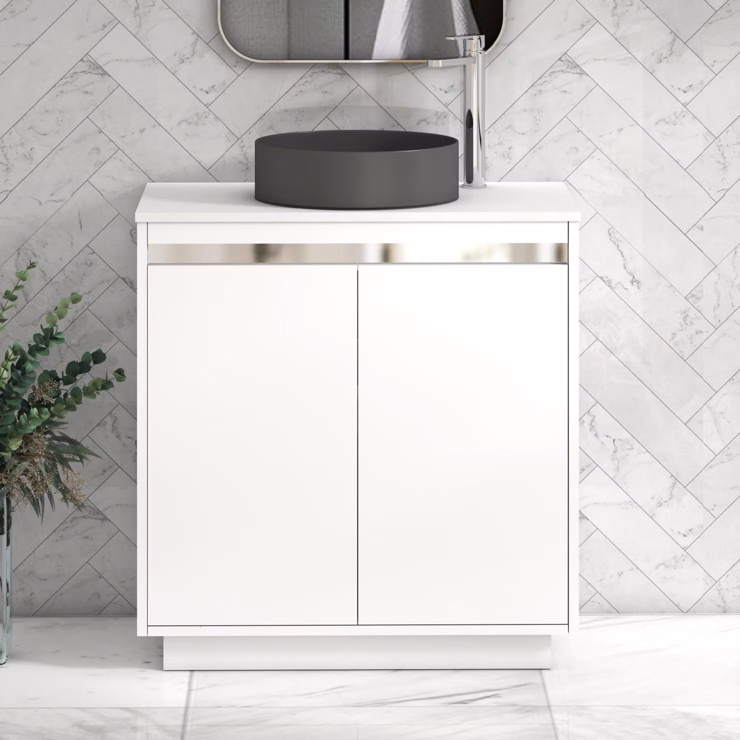 Royal Bathrooms Orion 800mm Matt White Floor Standing 2 Door Vanity Unit with Art Round Basin and Chrome Accent Trim