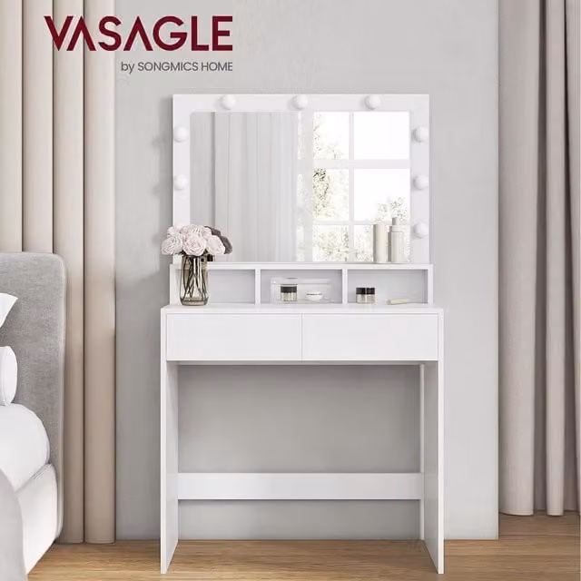 VASAGLE Modern Dressing Table with Hollywood LED Lights in Black