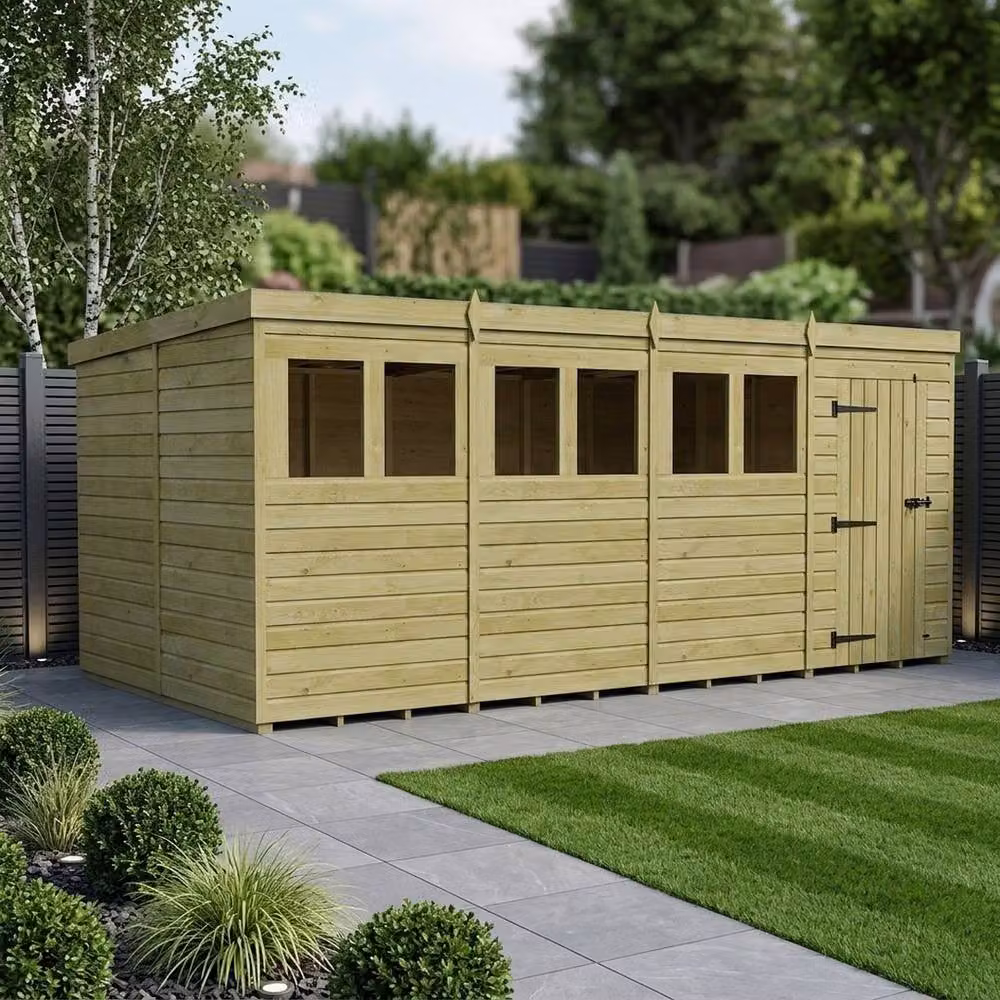 Buttercup Farm Brown Timber Pent Garden Shed with Single Door and Windows, W: 488 cm, D: 305 cm, H: 210 cm – 2