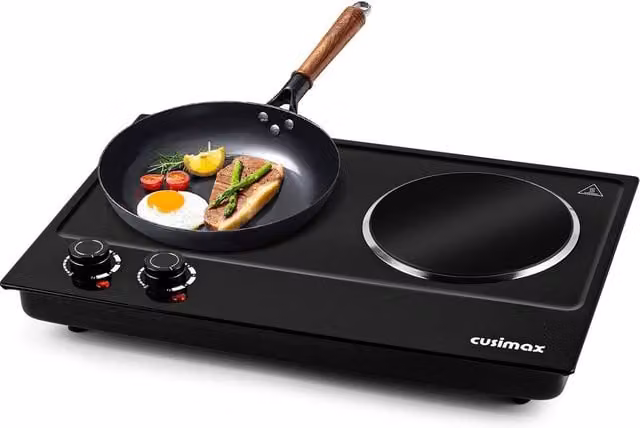 Cusimax Black and Silver 2400W Dual Burner Infrared Hot Plate with Ceramic Cooktop, W: 53 cm