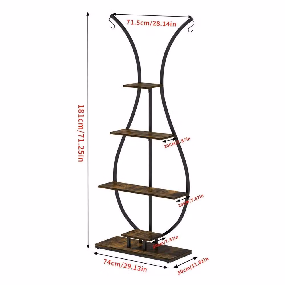 Havendro 5 Tier Rustic Plant Stand with Shelf Hooks in Black – 2