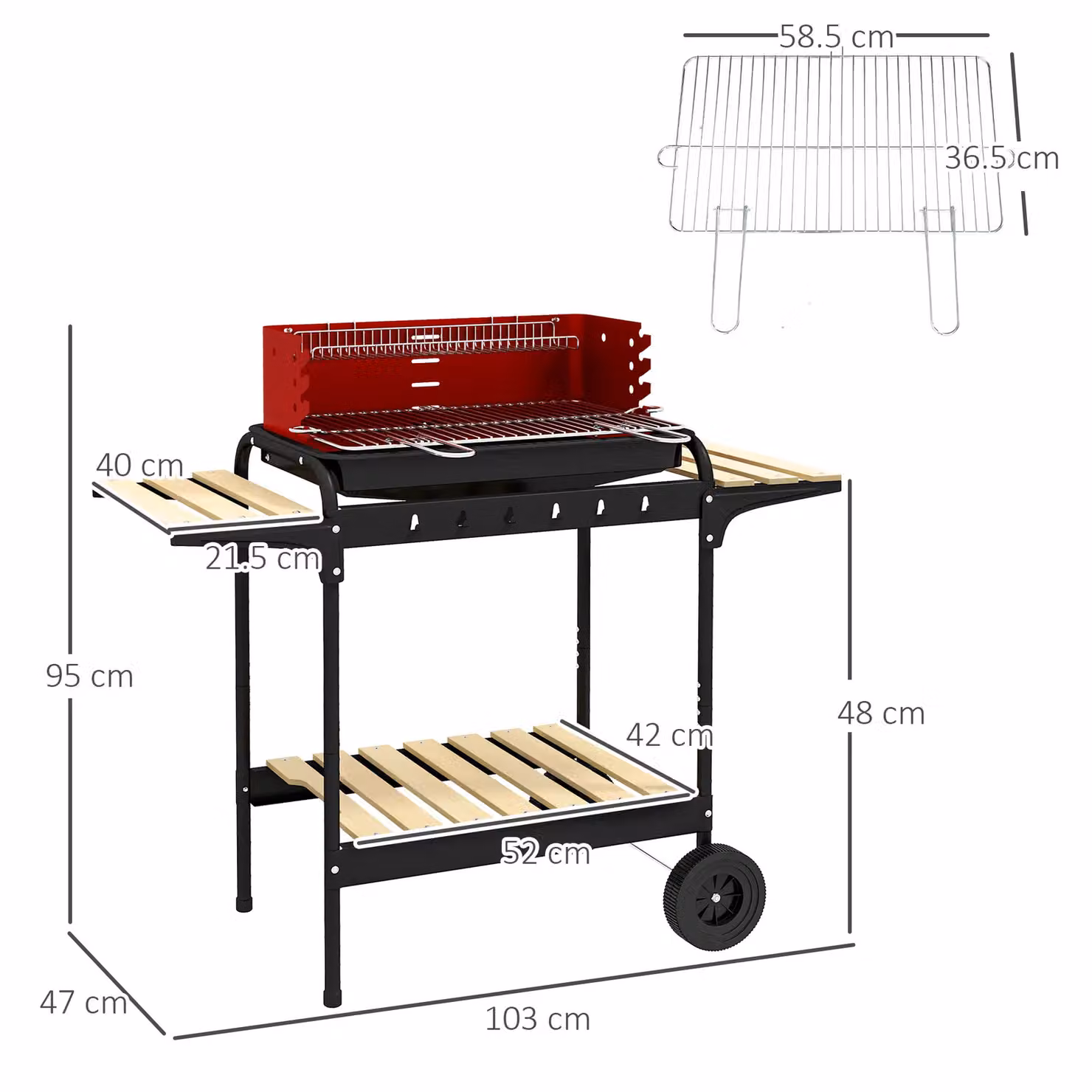 OUTSUNNY Charcoal Barbecue BBQ Grill Trolley with 5-level Grill Height and Ash Catcher in Red – 3