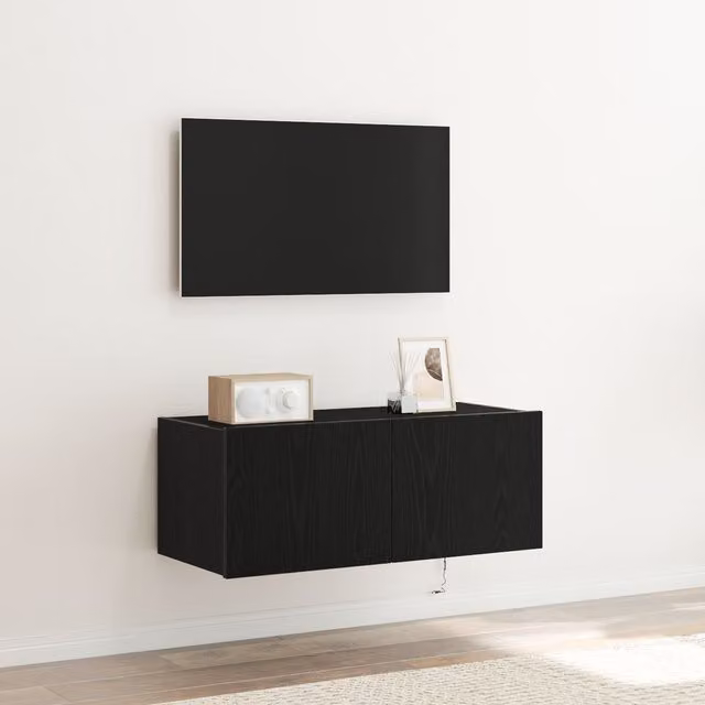 Berkfield Home Modern Wall Mounted TV Cabinet with Integrated LED Lights in Black Oak, W: 80 cm, D: 35 cm, H: 31 cm – 1