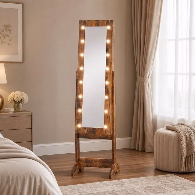 STILVORA Freestanding Jewellery Storage Cabinet with LED Mirror in Brown – 1