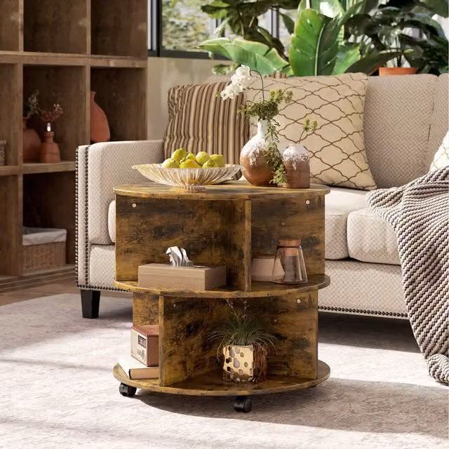 HOMCOM 2 Tier Round Side End Table in Brown Rustic MDF