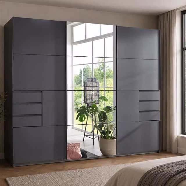 Saigon 3 Door Graphite Sliding Wardrobe with Mirror and Internal Shelving