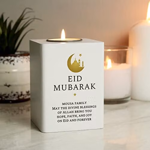 Personalised Memento Company White Wooden Eid and Ramadan Tea Light Holder W: 7.5 cm, D: 10 cm, H: 7.5 cm