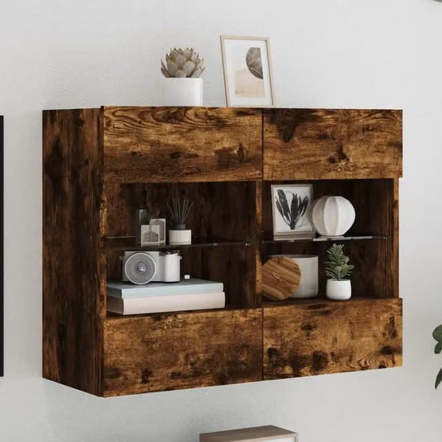 Berkfield Home Modern Wall Mounted TV Cabinet with LED Lights in Smoked Oak Brown, W/D/H: 78.5 x 30 x 60.5 cm – 1