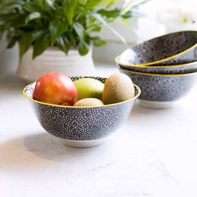 KitchenCraft Set of 4 Black and White Floral Ceramic Stoneware Bowls