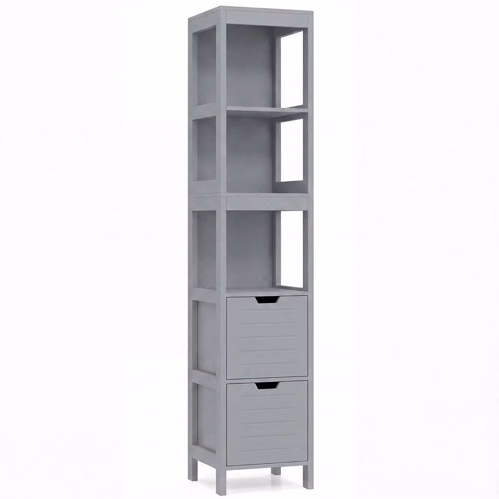 Costway Grey Narrow Bathroom Floor Storage Cabinet with 2 Drawers and 3 Shelves, W/D/H: 30 x 30 x 144.5 cm – 6