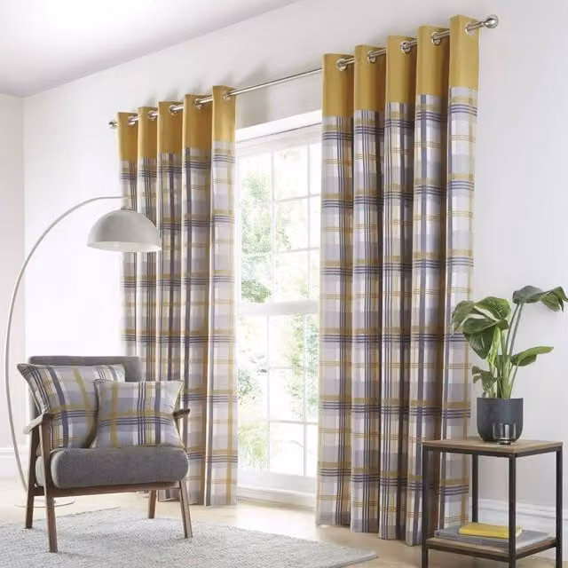 Portfolio Home Orleans Yellow Tartan Check Eyelet Curtains, 2 Panel Pair, Width: 168 cm, Drop: 137 cm