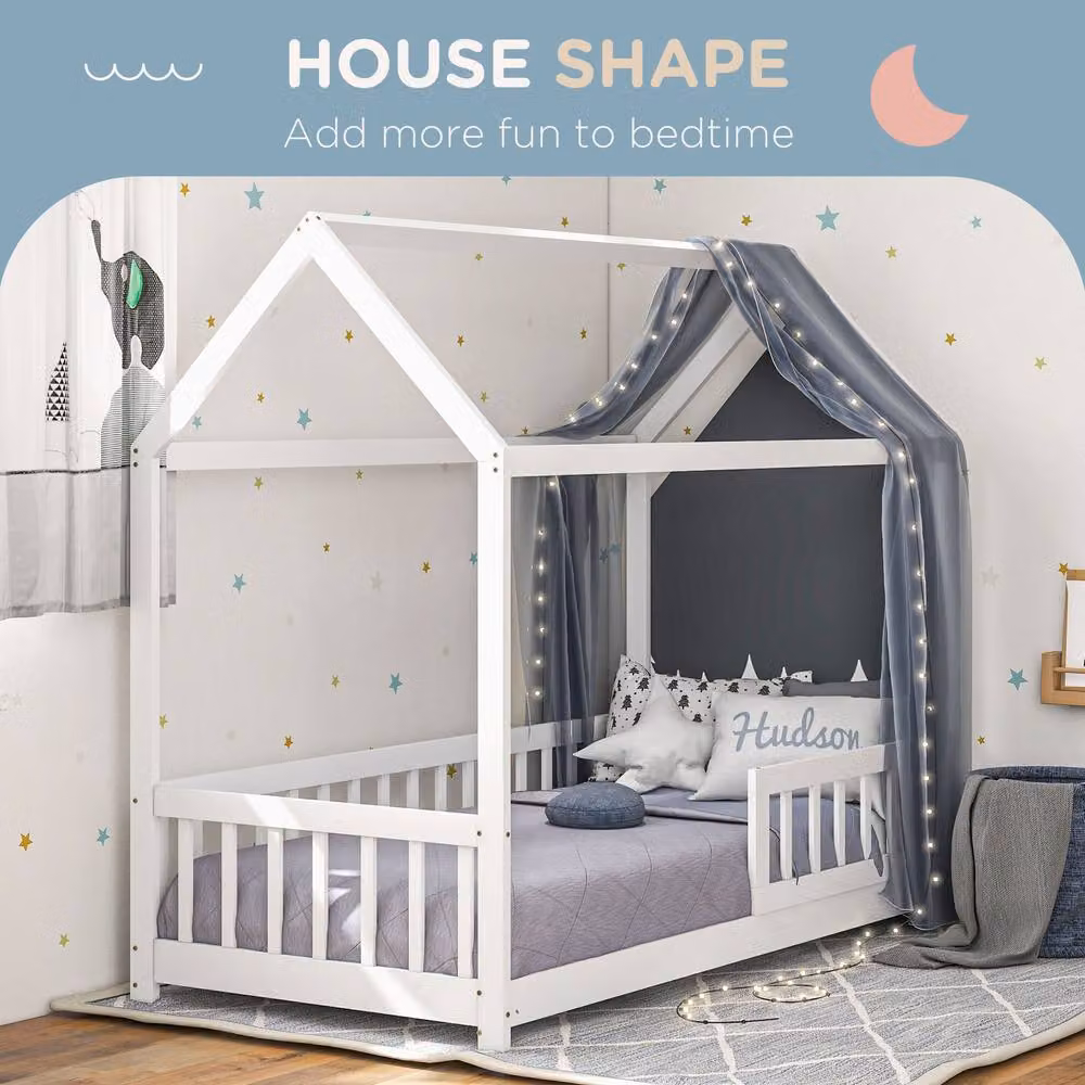 HOMCOM House-Shaped Solid Wood Kids Bed Frame with Guard Rails in White, 90 x 190 cm – 3