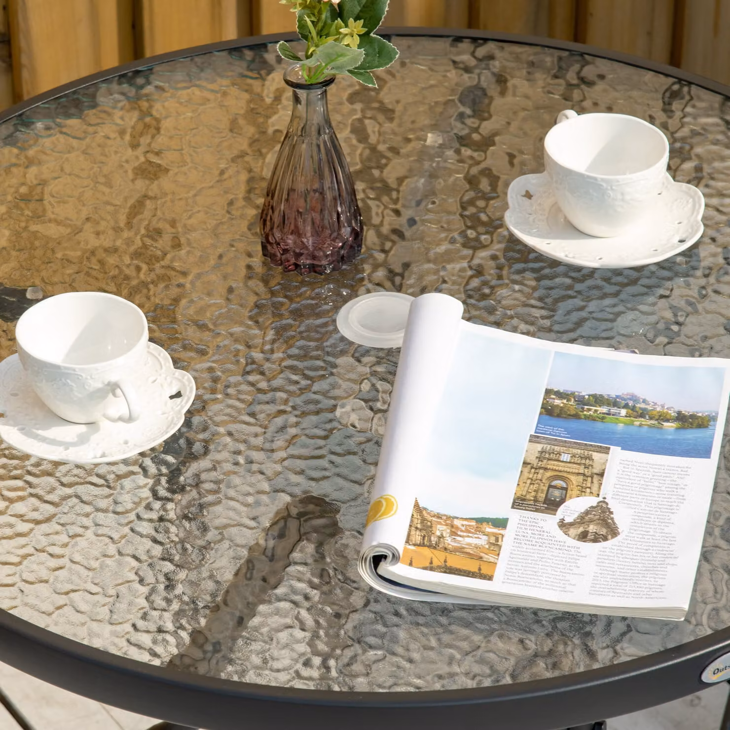 Outsunny Round Garden Dining Table with Tempered Glass Top and Parasol Hole, Black – 6