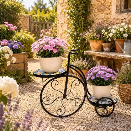 SHATCHI Mediterranean Mosaic Tricycle Plant Stand with Geometric Metal Tile Top, H 65 x W 26 x D 65 cm – 7