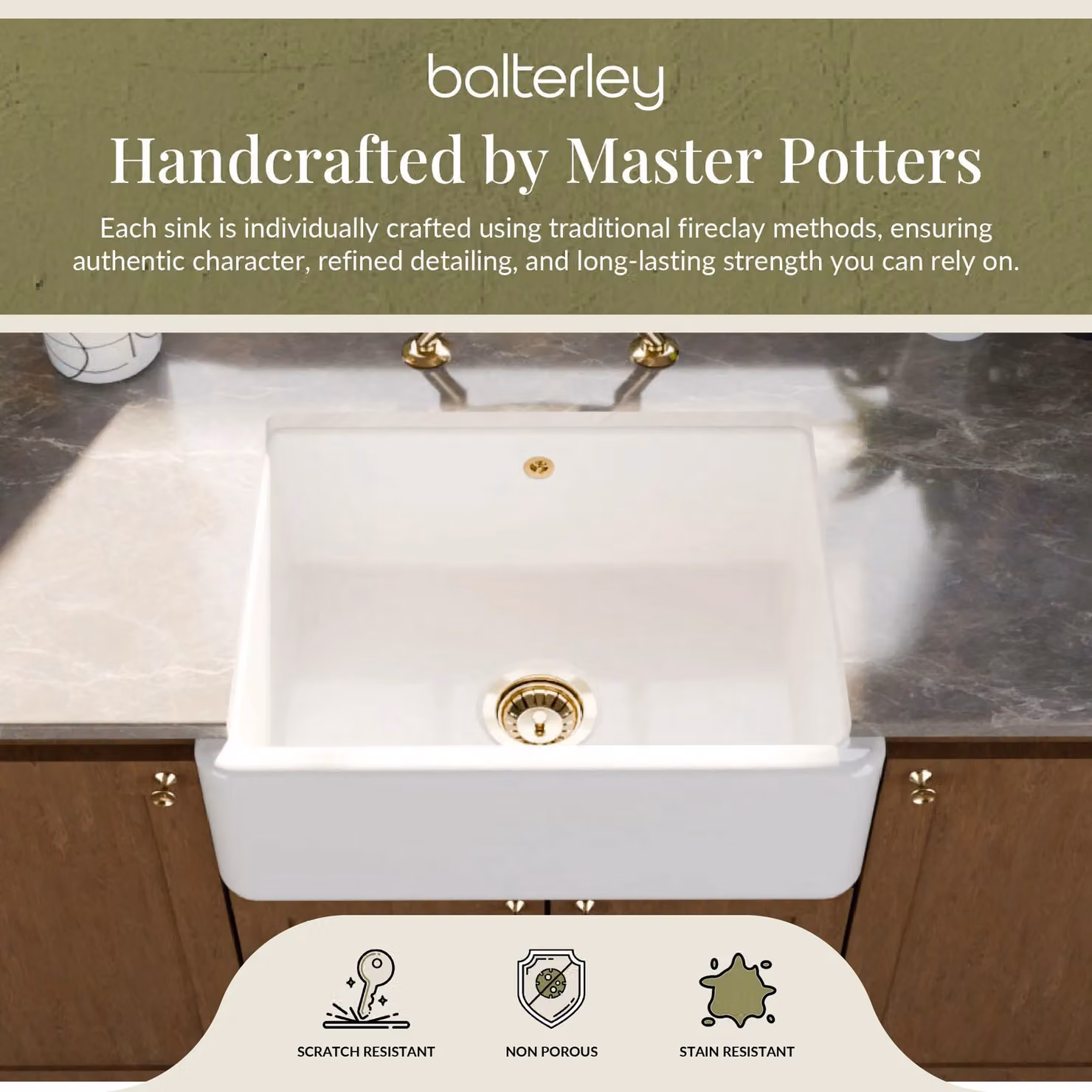 Balterley White Ceramic Fireclay Single Bowl Kitchen Sink – 3