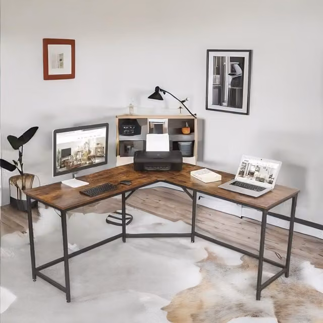 FURNOS Industrial Rustic L-Shaped Corner Computer Desk in Brown – 1