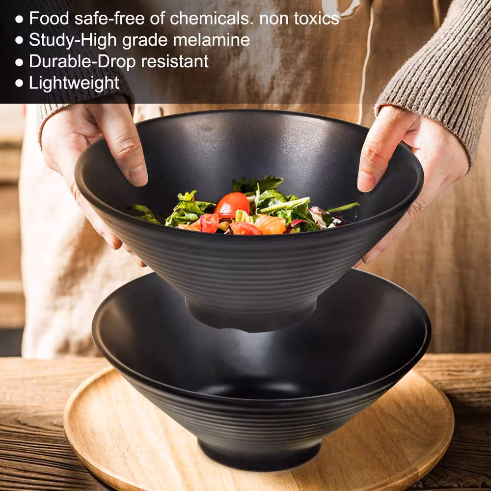 Greentainer Large Japanese Noodle Bowl Set with Chopsticks and Spoons in Black Melamine – 3