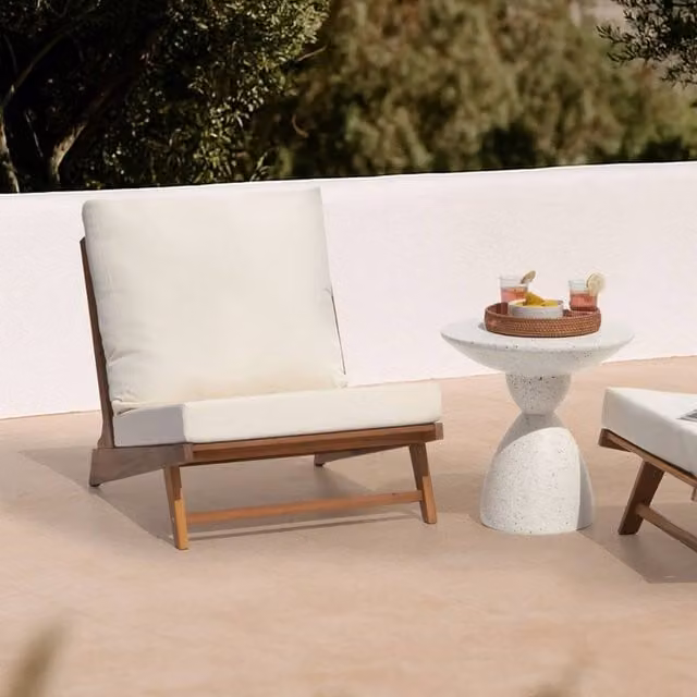 Wyld and Coco Low Slipper Design Chair with Off-White Removable Cushions in Brown Acacia Wood – 1