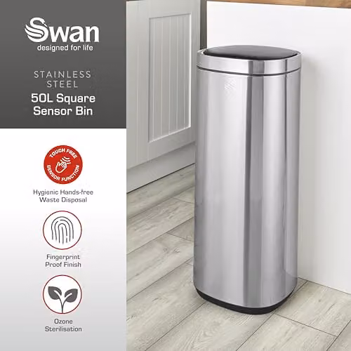 Swan Square Sensor Bin in Silver, 50L Capacity, W/D/H: 30.0 x 30.0 x 74.2 cm – 2