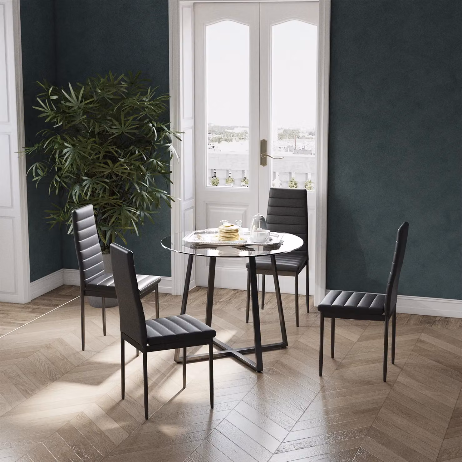 Living and Home 5-Piece Dining Set with Round Tempered Glass Table and 4 Black Faux Leather Chairs – 2