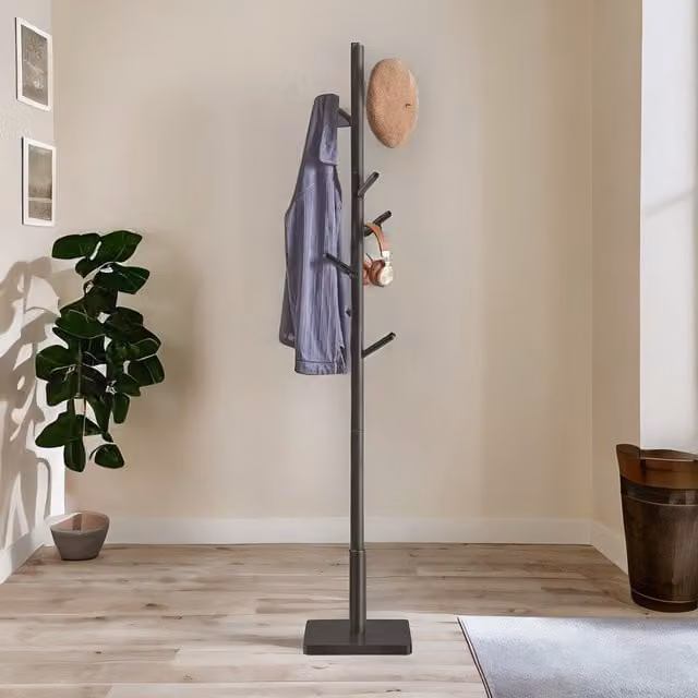 Furnold Black Lacquered Rubberwood Coat Stand with 8 Hooks and Square Base