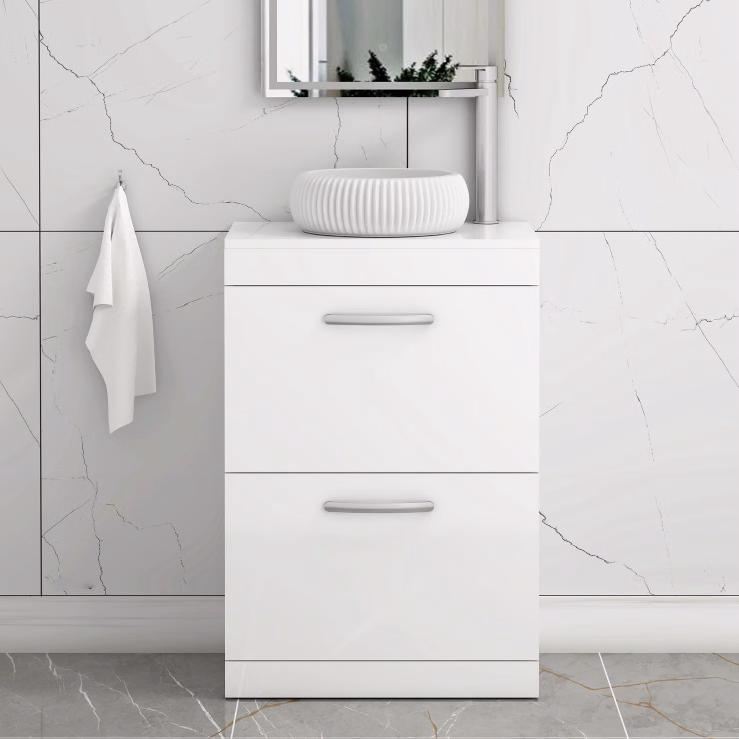 Royal Bathrooms Milan Turin 500mm Floor Standing 2 Drawer Gloss White Vanity Unit with Countertop Basin