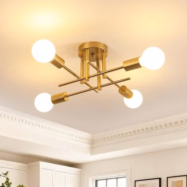 Goeco Vintage Sputnik Ceiling Light, 4-Bulb Metal Chandelier in Gold/Brass