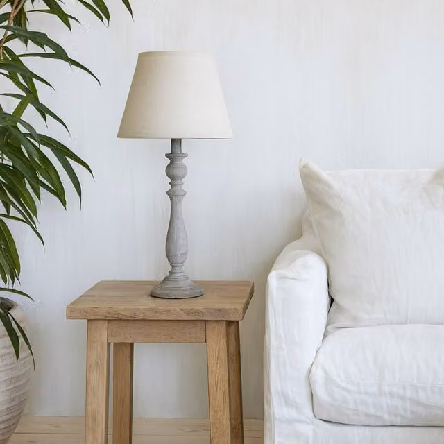 Wyld Haus Giverny Whitewashed Turned Wooden Pillar Table Lamp with Cream Linen Shade in White, Height: 33.02 cm – 1