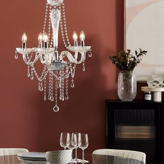Wyld and Coco 5-Light Crystal Chandelier in Silver and Transparent Glass, Height: 185 cm