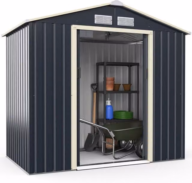 Costway Steel Outdoor Utility Storage House with Sliding Doors and Side Vent in Anthracite Grey