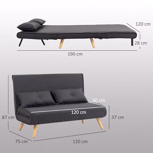 HOMCOM 2 Seater Click Clack Sofa Bed in Grey with Metal Frame and Fabric Upholstery – 3