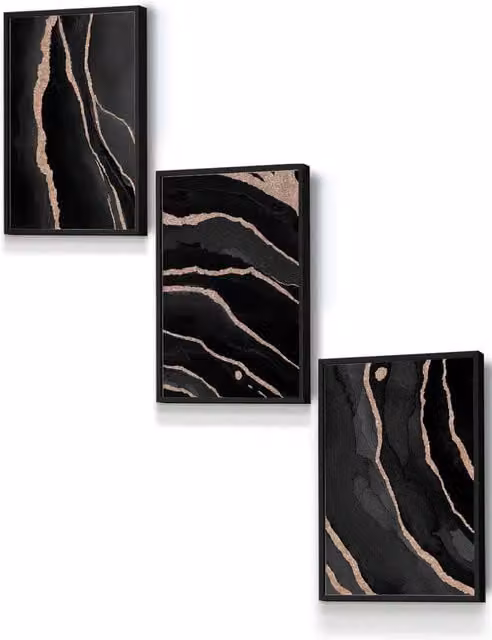 ARTZE Abstract Black, Grey and Gold Strokes Framed Wall Art, W: 33 cm, H: 45 cm, D: 0.2 cm