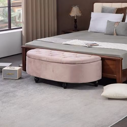 HOMCOM Pink Velvet Semi-Circle Ottoman Storage Bench with Tufted Upholstered Seat and Rubberwood Legs, W: 120 cm, D: 46 cm, H: 42 cm – 2