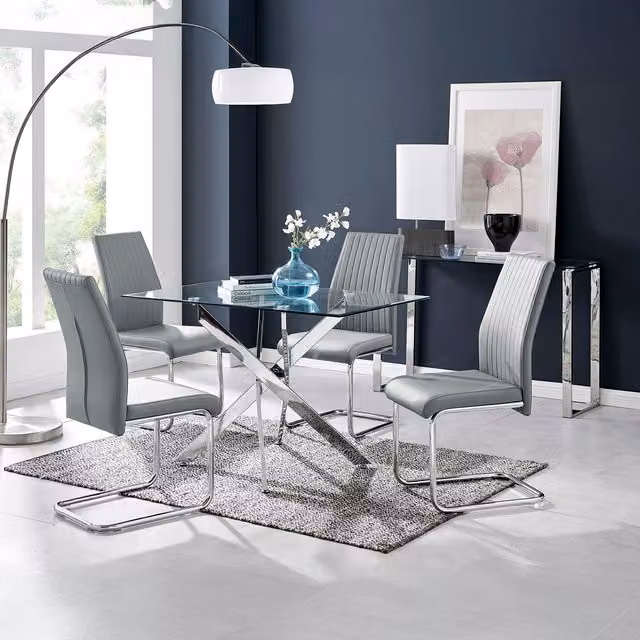FurnitureboxUK Leonardo Glass and Chrome Metal Dining Table and 4 Lorenzo Dining Chairs in Grey, W: 120 cm, D: 70 cm, H: 70 cm