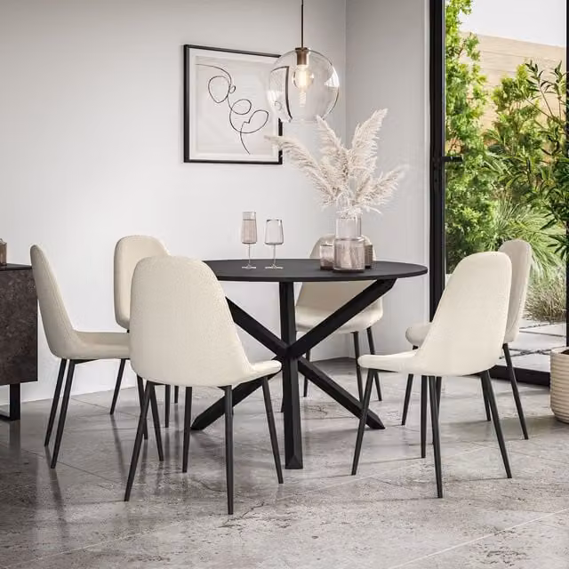More4Homes Malvern Round Dining Table and 6 Maya Boucle Dining Chairs Set, Black Table Top with Solid Oak Legs and Ivory Chairs – 1