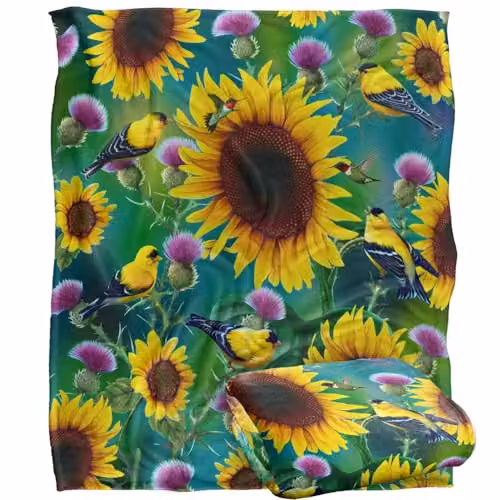 JQ Licensing Sunflowers and Songbirds Pattern Silky Touch Super Soft Fleece Throw Blanket, White, W/D/H: 152 x 127 cm
