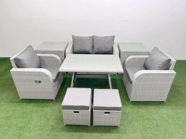Fimous Grey PE Rattan Garden Furniture Set with Reclining Chair, 2-Seater Sofa, Ottoman, Coffee Table and 2 Side Tables