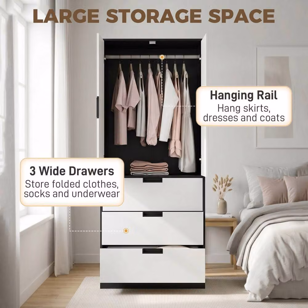 STILVORA Modern Black Matt Wardrobe with Hinged Doors, Drawers and Hanging Rail, H: 180 cm, W: 80 cm – 6