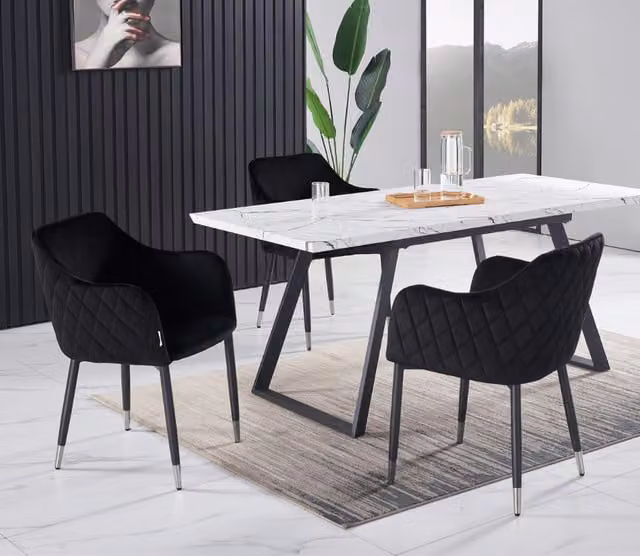 Life Interiors Verona Toga LUX Dining Set with Extendable White Marble Table and 4 Black Velvet Chairs