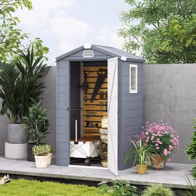 Outsunny Grey Garden Shed with Foundation Kit, Lockable Single Door and Window